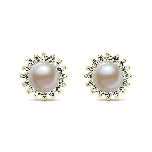 Luxury stud earrings for special occasions -14K Yellow Gold Pearl with Diamond Halo Stud Earrings