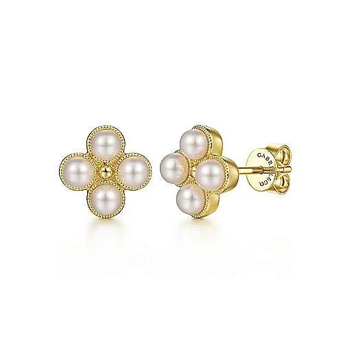 Luxurious gold earrings for bridal fashion -14K Yellow Gold Pearl Stud Earrings