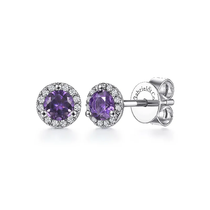 Swarovski hoop earrings for extra glam -14K White Gold Round Amethyst and Diamond Halo Stud Earring