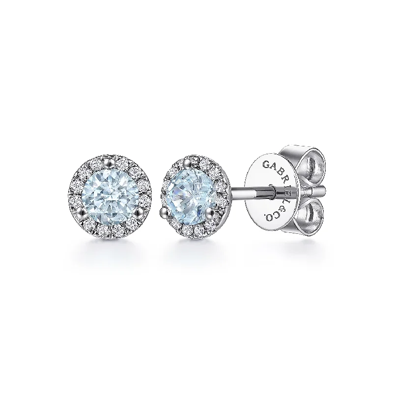 Silver hoop earrings for stylish wear -14K White Gold Round Aquamarine and Diamond Halo Stud Earring