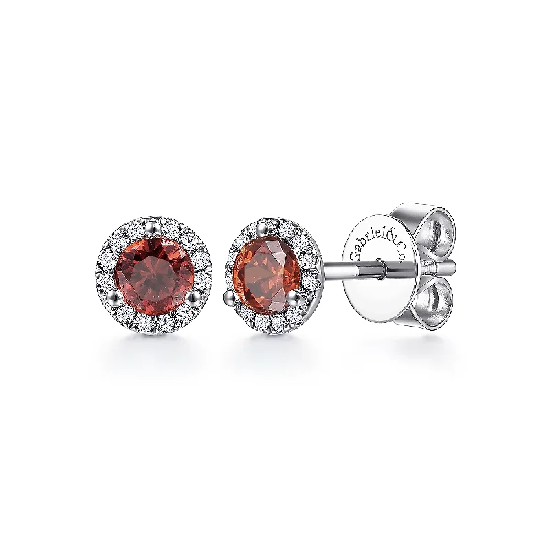 Silver ear climbers for modern looks -14K White Gold Round Garnet and Diamond Halo Stud Earring