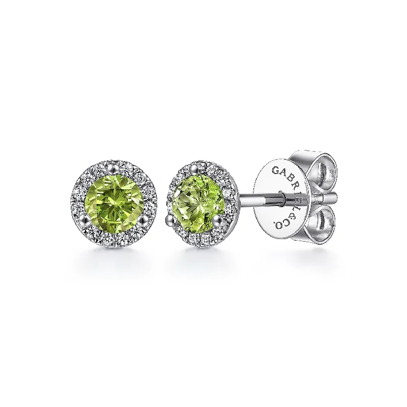 High-quality silver earrings for everyday use -14K White Gold Round Peridot and Diamond Halo Stud Earring