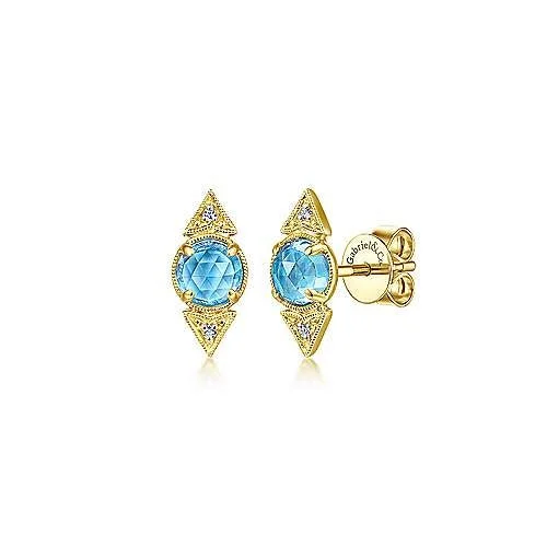 Luxury gold earrings for high-end fashion -14K Yellow Gold Swiss Blue Topaz and Diamond Vintage Inspired Studs