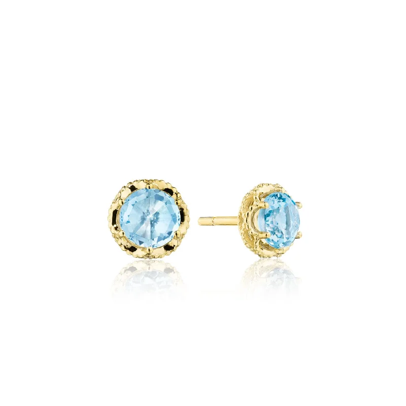 Chunky silver earrings for bold fashion -Petite Crescent Crown Studs featuring Sky Blue Topaz and Yellow Gold