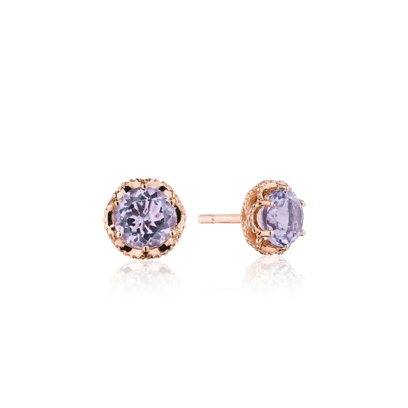 Minimalist drop earrings for daily looks -Petite Crescent Crown Studs featuring Rose Amethyst and Rose Gold