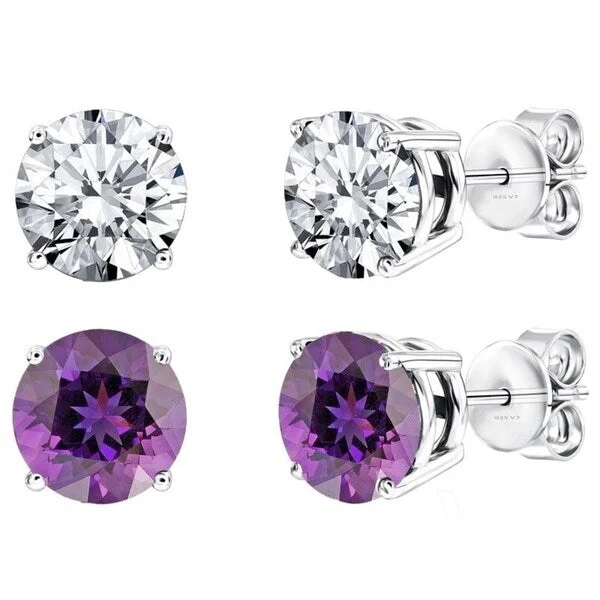 Chunky silver earrings for bold fashion -Set of Two Sterling Silver Stud Earring with Natural Amethyst and White Topaz