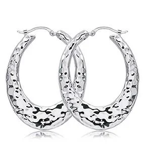 Flower-shaped drop earrings for romantic fashion -Sterling Silver Medium Hammered Flat Oval Hoops