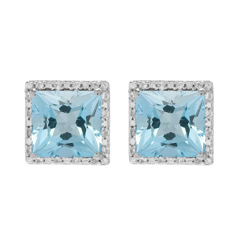 Luxury stud earrings for special occasions -Sterling Silver Natural Aquamarine and White Topaz Halo Stud Earring