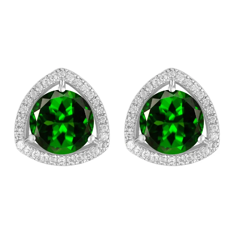 Chunky silver earrings for bold fashion -Sterling Silver with Chrome Diopside and White Topaz Halo Stud Earring