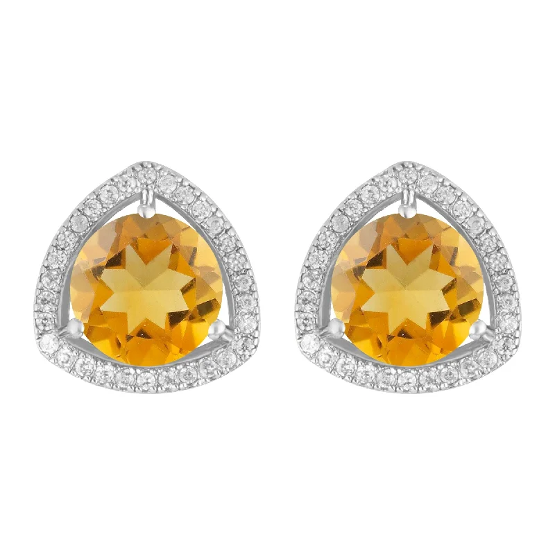 Luxury drop earrings with diamonds -Sterling Silver with Citrine and White Topaz Halo Stud Earring