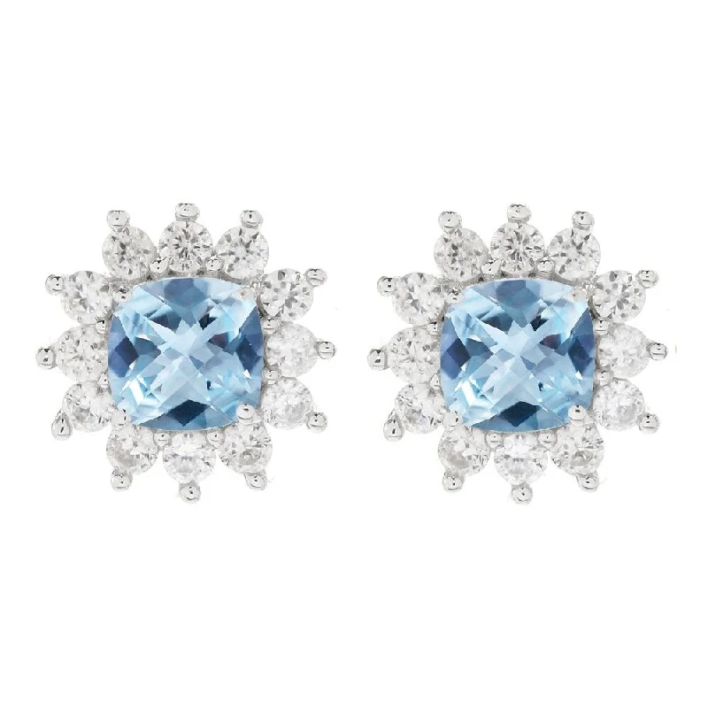 Dainty stud earrings for delicate looks -Sterling Silver with Cushion Cut Natural Aquamarine and White Zircon Halo Stud Earring