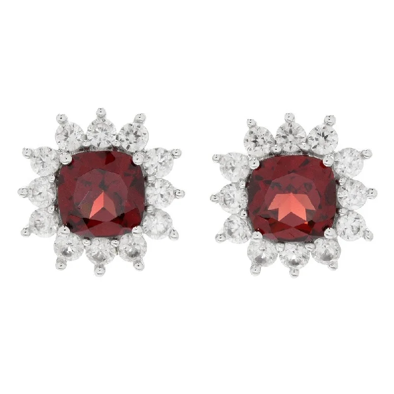 Oversized earrings for dramatic impact -Sterling Silver with Cushion Cut Natural Garnet and White Zircon Halo Stud Earring