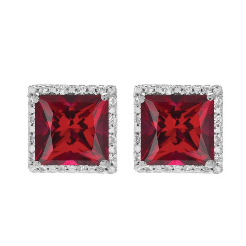 Designer earrings for special occasions -Sterling Silver with Ruby and White Topaz Halo Stud Earring