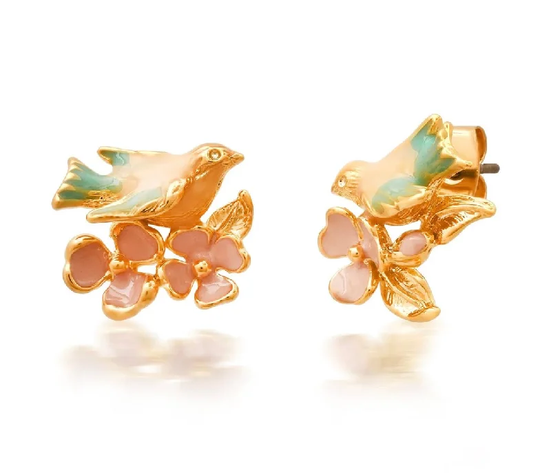 Crystal stud earrings for evening glamour -Whimsical Enamel Bird and Flower Studs