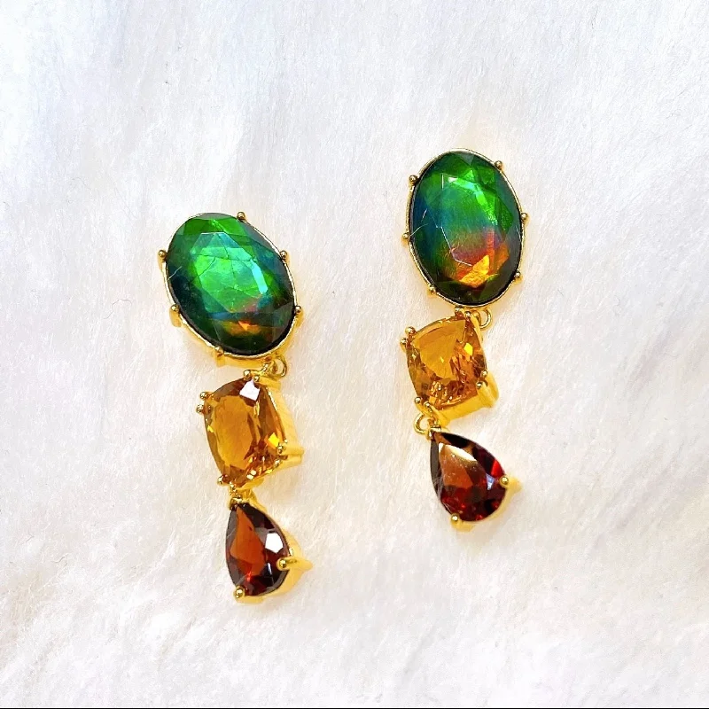 Bohemian crystal earrings for free-spirited women -Ammolite Earrings 18k Gold Vermeil RADIANT Drop Earrings with Garnet and Citrine