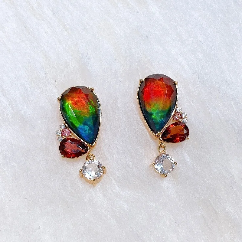 Trendy ear cuffs for fashion-forward women -Ammolite Earrings 18k Rose Gold Vermeil ADORE Heart Ammolite earrings with Tourmaline, Garnet and White Topaz