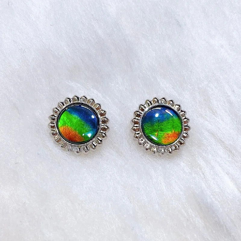 Diamond drop earrings for elegant evening wear -Ammolite Earrings Sterling Silver SOLSTICE Round Ammolite Stud Earrings