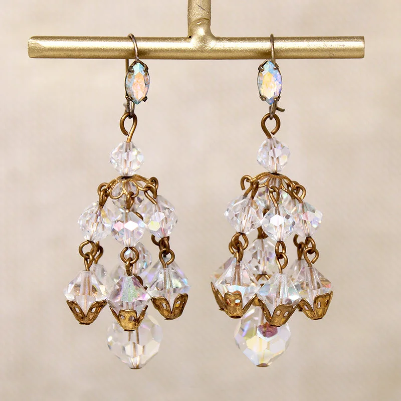 Gold earrings with pearls for elegant finish -Aurora Borealis Beads & Brass Filigree Chandelier Earrings