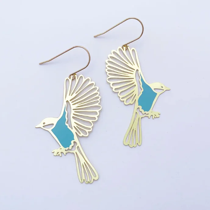 Trendy gold earrings for fashionable women -Bird in Flight Earrings in Gold & Duck Egg