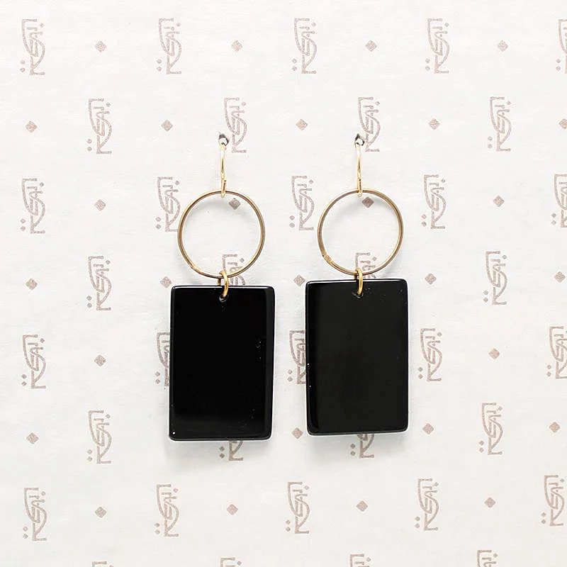 Artistic hoop earrings for creative style -Bold Brass & Onyx Geometric Earrings by Brin