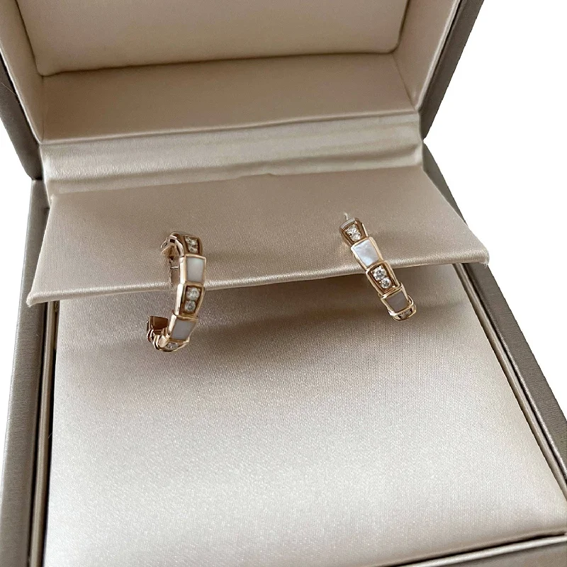 Luxury drop earrings with diamonds -Bvlgari Mother of Pearl & Diamond Serpenti Viper Hoop Earrings