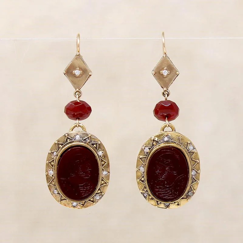 Simple gold stud earrings for subtle shine -Carnelian Intaglio Drop Earrings with Diamond Accents