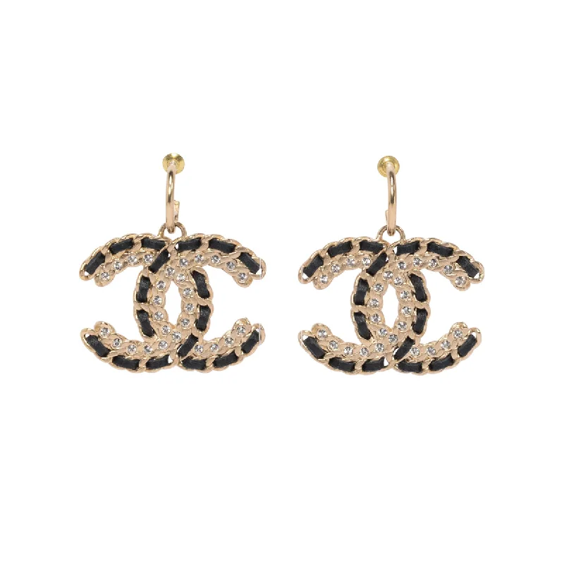 Lightweight silver earrings for comfortable wear -Chanel Black & Gold Crystal CC Drop Earrings