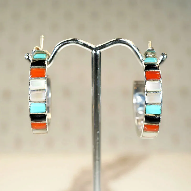 Colorful hoop earrings for bold personalities -Colorful Inlay Sterling Silver Hoop Earrings