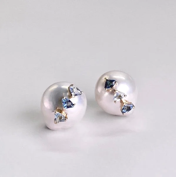 Vintage pearl earrings for retro fashion -ANSWER B. by Bianca Chong- Pearl Trilogy Earrings ( Aquamarine & London Blue Topaz)