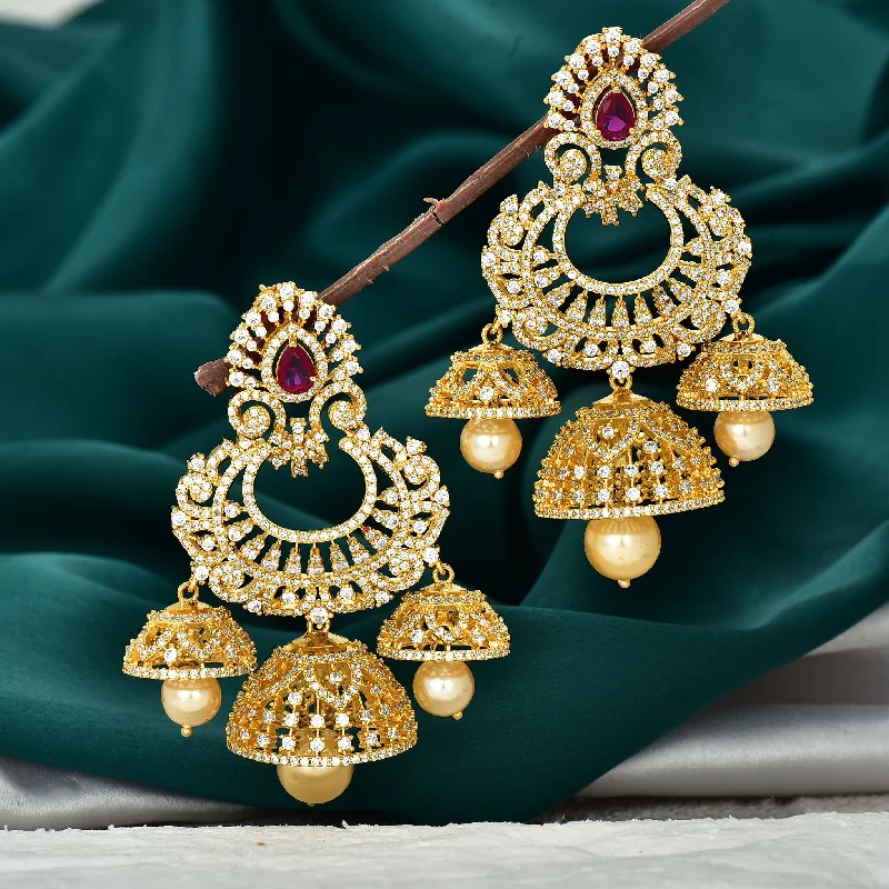 Luxurious gold earrings for bridal fashion -Stunning Designer Zirconia Chandbutta Earrings