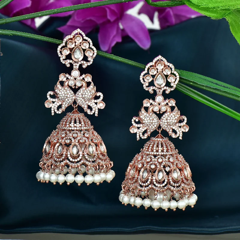 Minimalist pearl earrings for classic charm -Zirconia Peacock Pattern Rose Gold Polish Jhumka Earrings