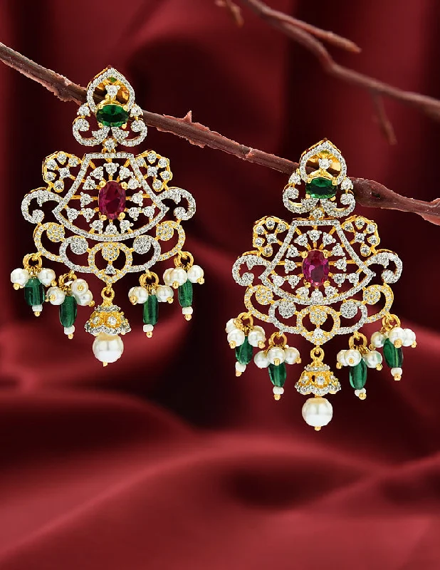 Feminine flower earrings for soft style -Designer GJ and Gold Polish Ruby Emerald Dangler Earrings