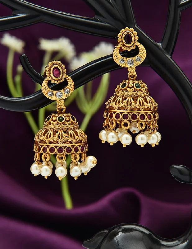 Unique ear cuffs with intricate designs -Designer Kempu Ruby Emerald Jhumka Earrings