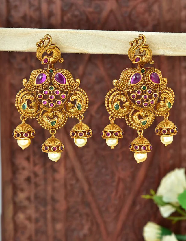 Sparkling stud earrings for night events -Designer Peacock Kempu Jhumka Earrings