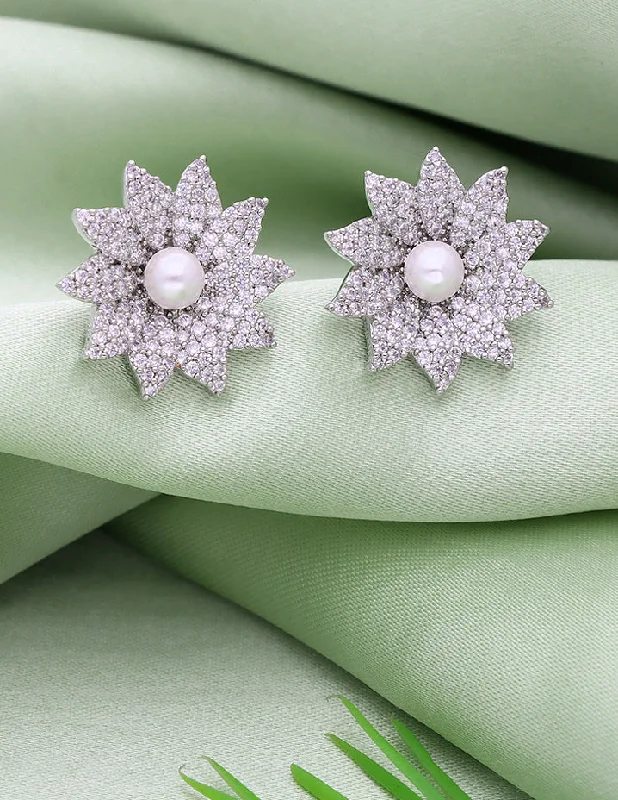 Large silver earrings for statement looks -Designer Zirconia Floral Stud Earrings