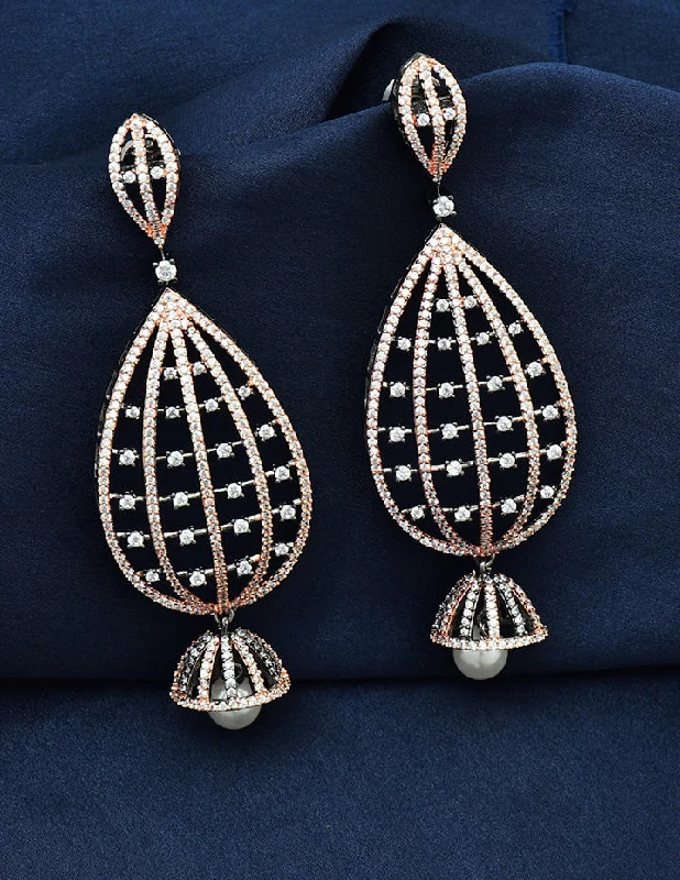 Vintage-inspired crystal earrings for timeless beauty -Designer Zirconia Gold and Black Rose Polish Dangler Earrings