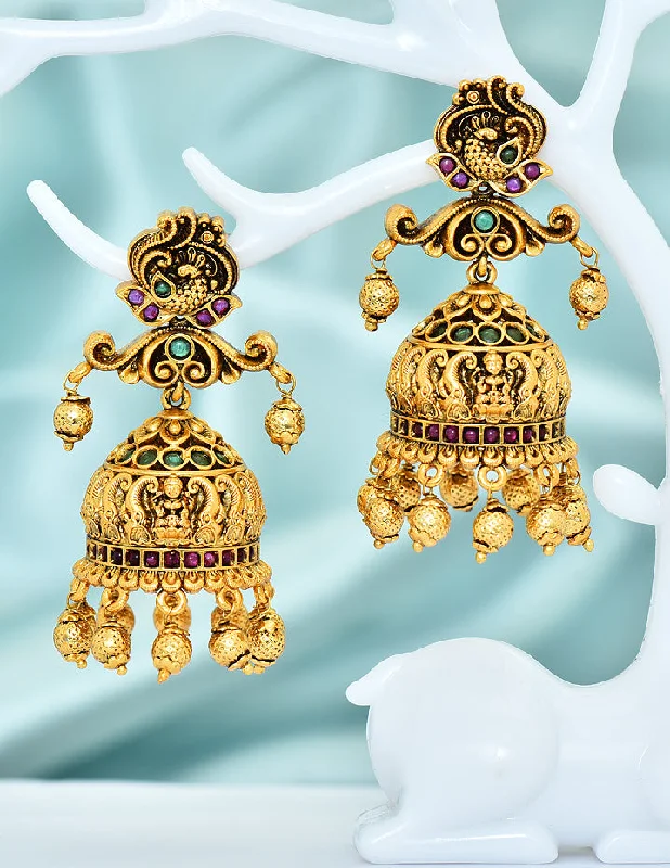 Stylish gold stud earrings for daily wear -Designer Zirconia Kempu Peacock Jhumka Earrings