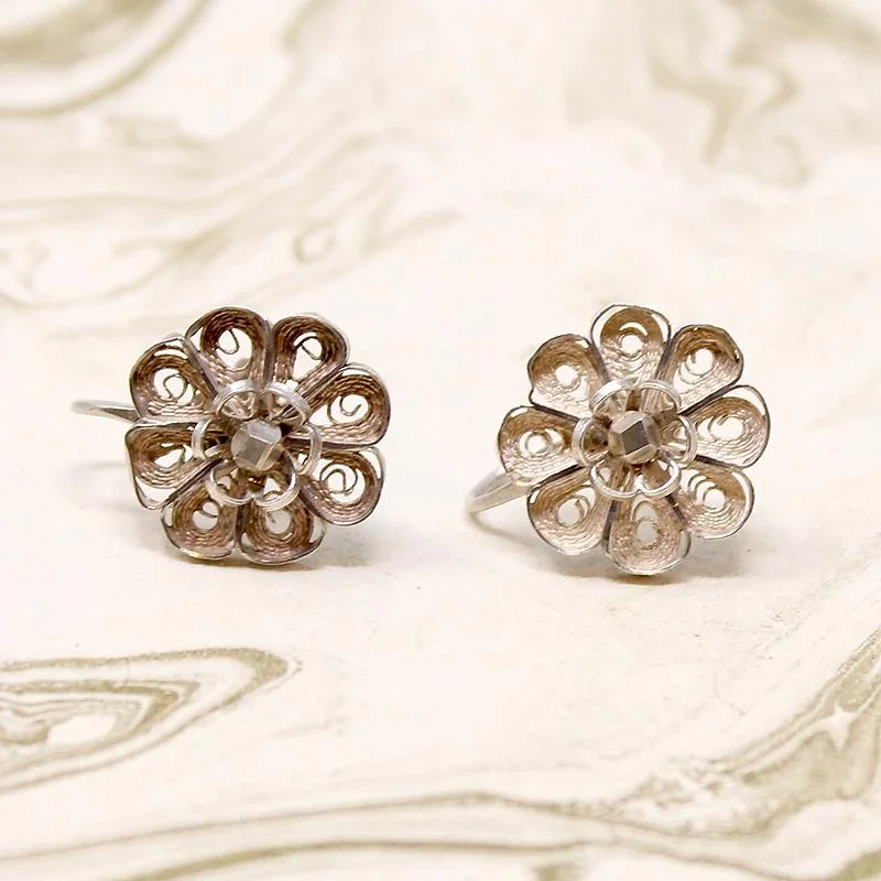 Trendy gold earrings for fashionable women -Fanciful Silver Filigree Flower Earrings