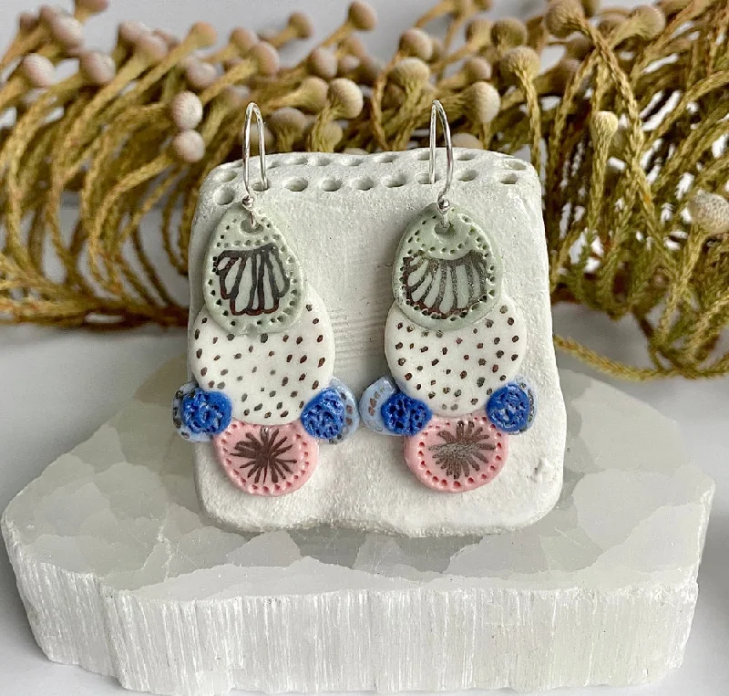 Colorful resin earrings for artistic accents -Hand Painted Blue, Pink, White and Silver Porcelain Earrings