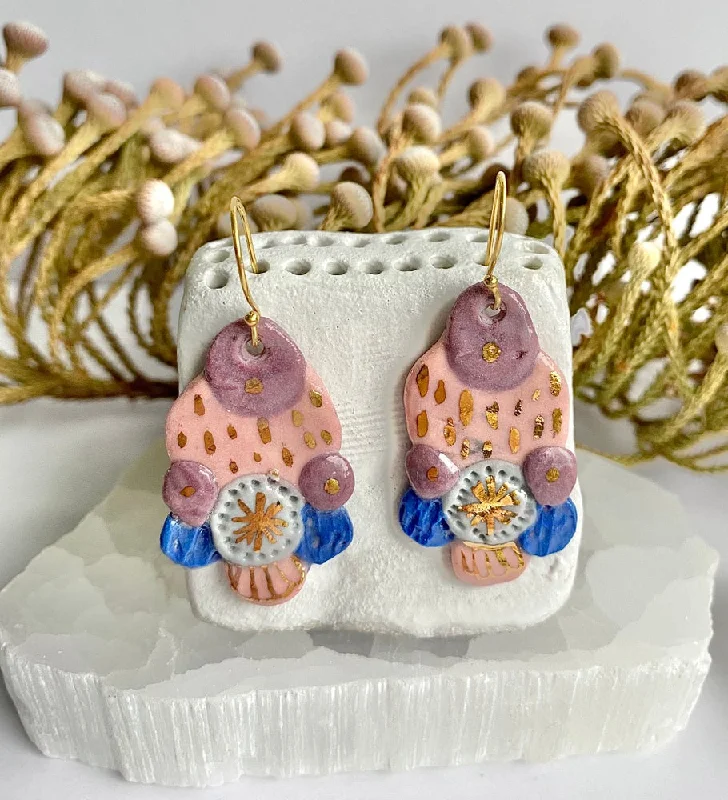 Small hoop earrings for minimalist fashion -Hand Painted Purple, Pink, Blue and Gold Porcelain Earrings