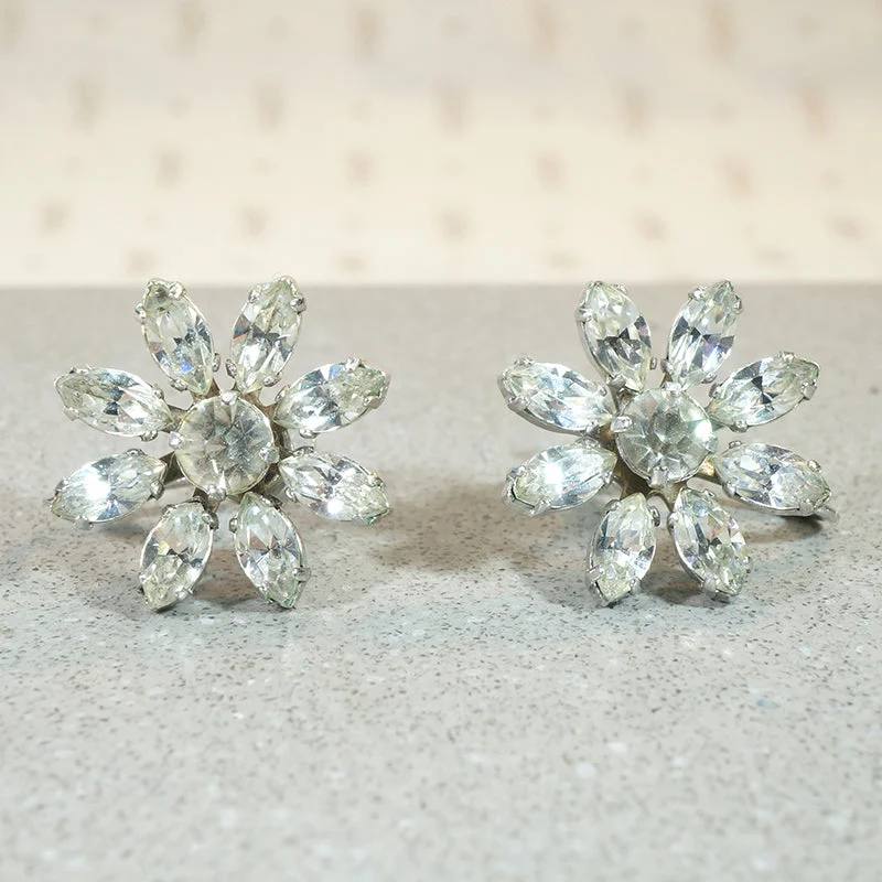 Antique gold earrings for vintage lovers -Icy Rhinestone Flower Screw-Back Earrings