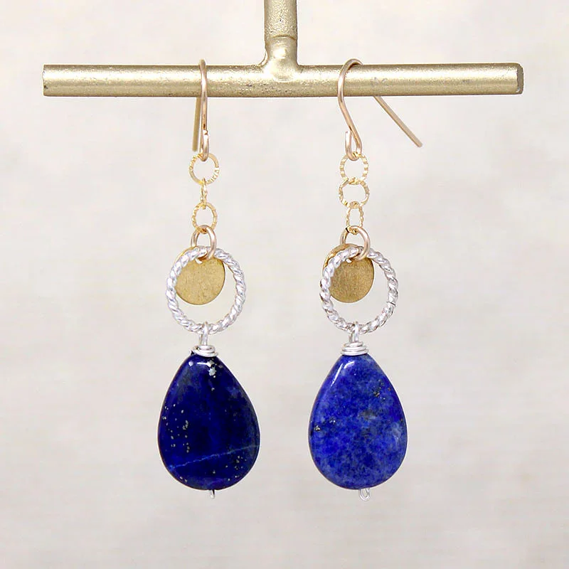 Crystal stud earrings for evening glamour -Lapis with Vintage Brass & Silver Drop Earrings by Brin