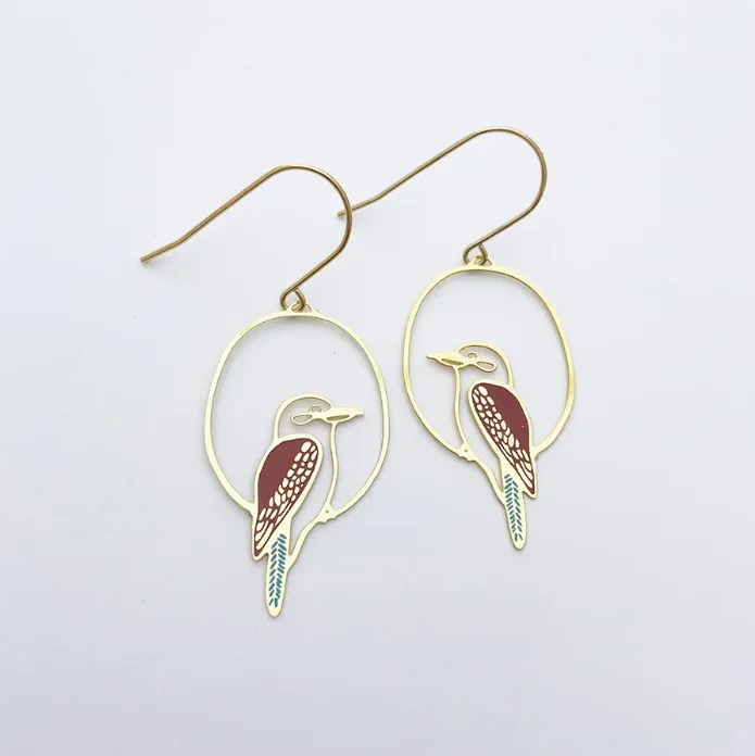 Sparkling crystal earrings for glamorous outfits -Mini Kookaburra Earrings Gold/Brown/Blue