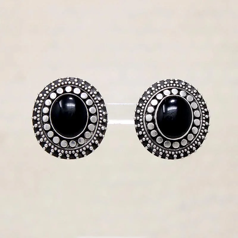 Luxury gold earrings for high-end fashion -Ornate Silver Bead & Onyx Clip On Earrings