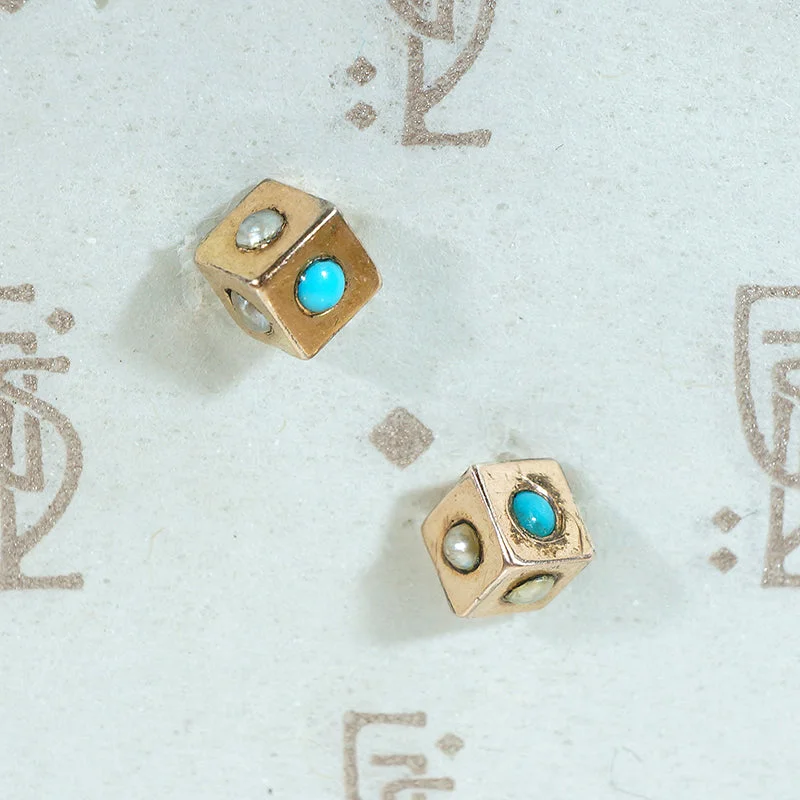 Handmade gemstone earrings for personal touch -Rosy Gold Cube Stud Earrings with Pearls & Turquoise