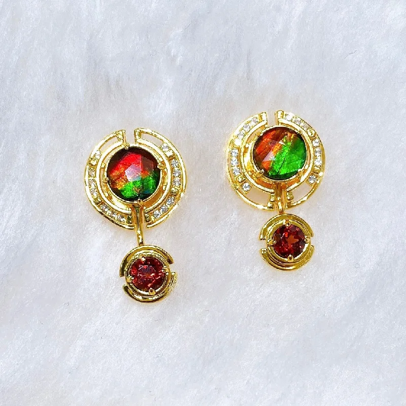 Trendy tassel earrings for fashionable women -Ammolite Earrings 18k Gold Vermeil PROSPERITY Earrings with Garnet and White Topaz