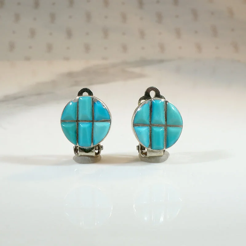 Elegant gold earrings for classy women -Sterling Disc Earrings with Turquoise Inlay