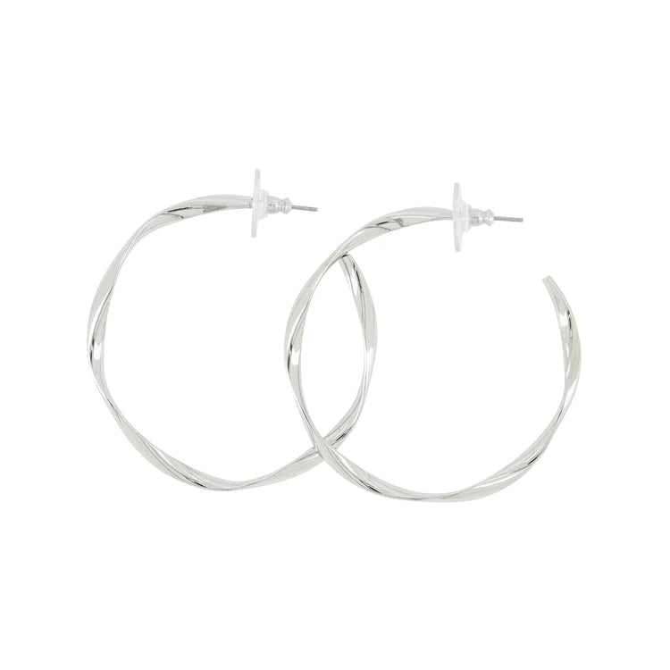 Crystal stud earrings for evening glamour -Twisted Hoop Earring Large Metallic Silver