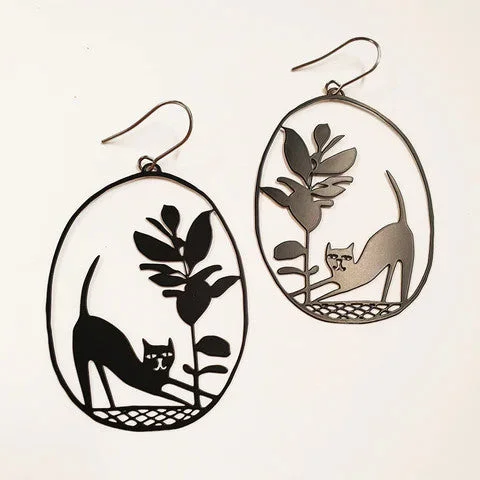 Silver hoop earrings for casual elegance -Pickles Cat Earrings Black