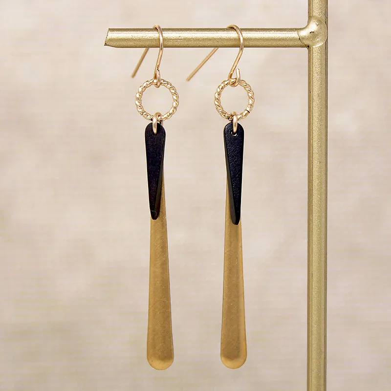 Crystal chandelier earrings for evening events -Warm Brass & Ebony Wood Drop Earrings by Brin